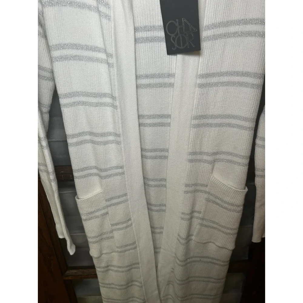 NWT Chaser Striped Hooded‎ Cardigan With Tie White & Metallic Silver Size M